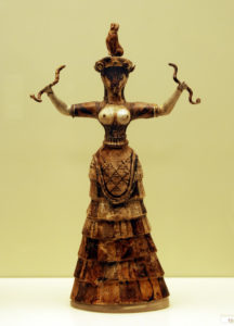 Snake Goddess describes a number of figurines of a woman holding a serpent in each hand found during excavation of Minoan archaeological sites in Crete dating from approximately 1600 BCE. By implication, the term 'goddess' also describes the deity depicted; although little more is known about her identity apart from that gained from the figurines. The 'Snake Goddess' figure first discovered was found by the British archaeologist Arthur Evans in 1903. The figurine found by Arthur Evans uses the faience technique, for glazing earthenware and other ceramic vessels by using a quartz paste. After firing this produces bright colors and a lustrous sheen. The figurine is today exibited at the Herakleion Archeological Museum in Crete. The snake's close connection with the Minoan house is believed to indicate that the goddesses shown in these figures are Household Goddesses. http://en.wikipedia.org/wiki/Snake_Goddess